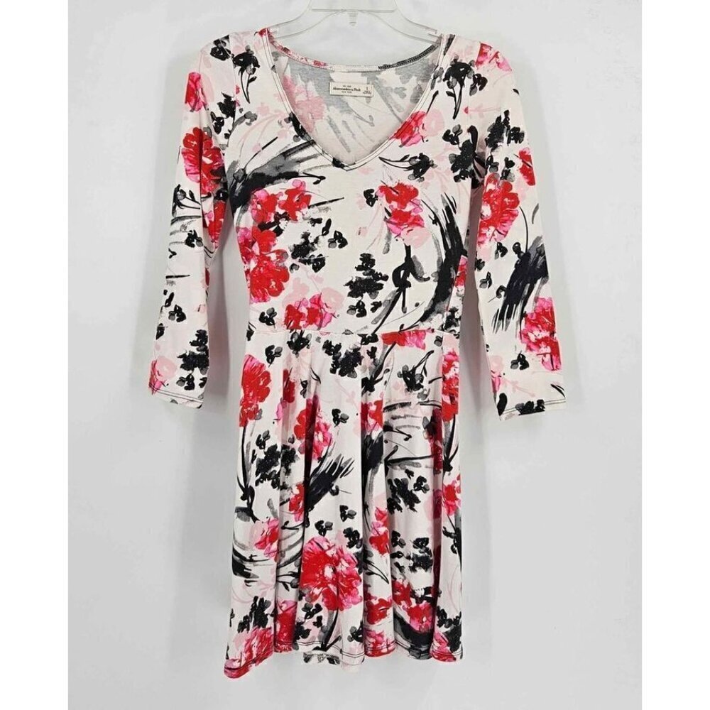 Abercrombie & Fitch Womens S Red White Floral Skater Dress Fit & Flare Stretch